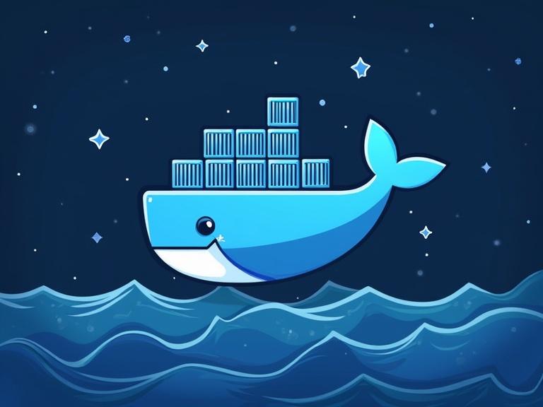 A whale with containers on its back. Dark starry background. Ocean waves beneath.