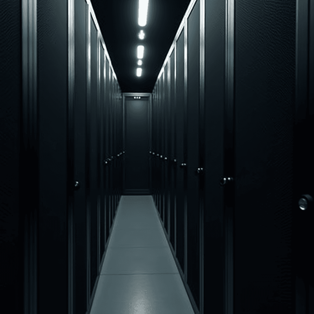 A dimly lit corridor of server racks in a data center.