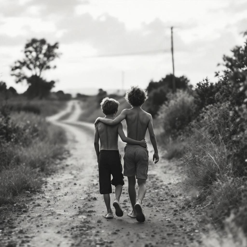 Portrait of two boys walking down a dirt road. Boys are shirtless and wearing sports pants. They walk closely together with an arm around each other. The image captures the essence of friendship and freedom in nature.