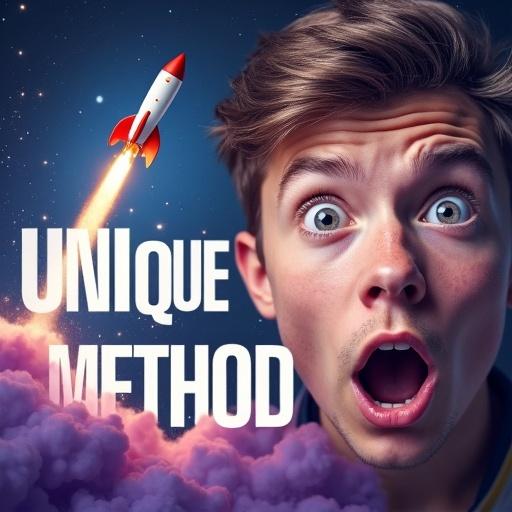 Close-up of a young adult's face with an expression of surprise. Wide eyes reflect disbelief. Next to the face, a stylized rocket takes off. Background consists of vibrant purple, blue and pink shades. Text 'UNIQUE METHOD' in thick white letters with black outline for high readability.