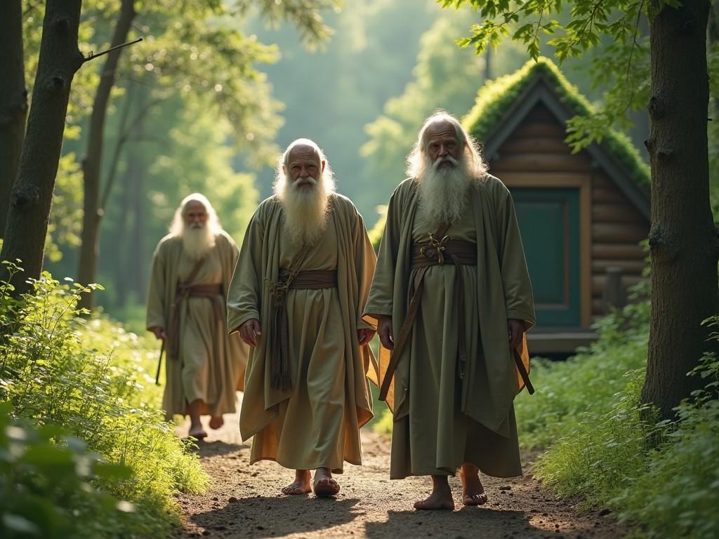 This image features three wise-looking figures resembling gods in disguise as sages. They are walking along a forest path, dressed in flowing robes with ascetic features. The setting is serene, surrounded by lush greenery and shafts of sunlight. In the background, there is a small hermitage, adding to the mystical atmosphere. The bearded sages appear to be heading towards the hermitage with purpose and grace.