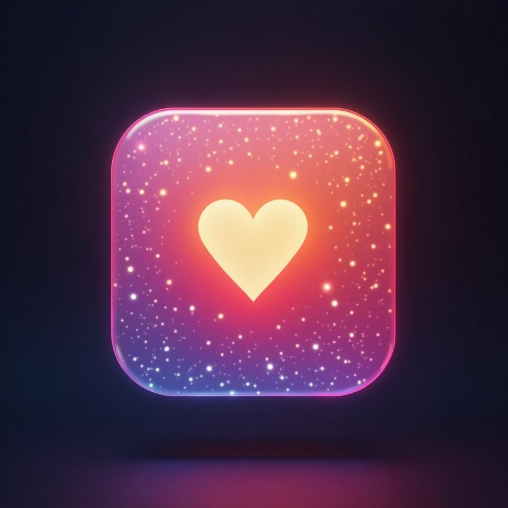 This is a stylish app icon showcasing a heart symbol at its center, designed specifically for an app that offers lighting solutions for selfie enthusiasts. The icon features a captivating gradient background that transitions from pink to purple, illuminated by a soft golden light. The starry speckle effect adds a dreamy quality, appealing to users looking for creative selfie tools. The overall design exudes a modern and inviting vibe, making it attractive for social media applications. It's tailored for a tech-savvy audience, emphasizing the app's function of enhancing personal photos.