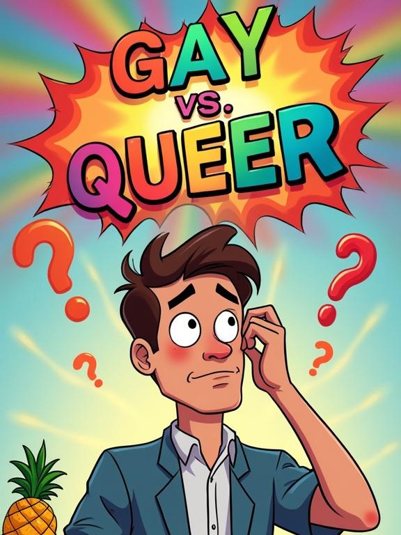 Animated character scratching head. Surrounded by question marks. Colorful explosion with the text ‘GAY vs. QUEER’. Cartoon pineapple pizza floats by.
