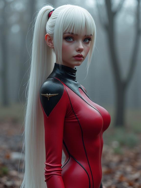 A hyperrealistic female figure inspired by classic sculptures with exaggerated proportions in a futuristic setting. She wears a tight-fitting red bodysuit with black details and long white hair, captured in a low-angle view.