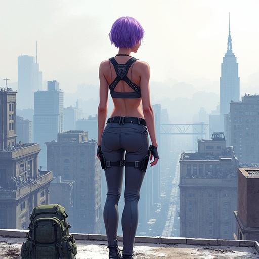 digital watercolor illustration of slim athletic woman with short violet hair defined graceful build wearing cropped tactical top military-style harness. Standing on rooftop of ruined high-rise building stretching arms and back after long night. Army backpack beside boots. Quiet devastated city below crumbling buildings distant haze. Early morning light spreads across scene casting soft shadows. Clean digital watercolor style smooth gradients soft edges subtle textures cinematic side light. Mood is quiet reflective slightly tense art style of Yuumei.