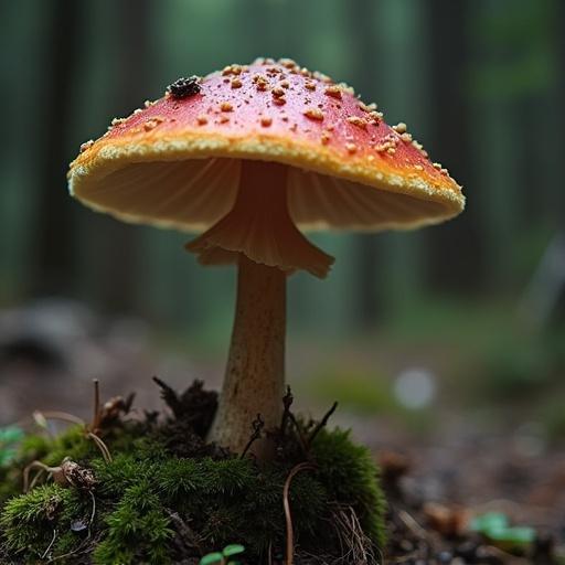 Bright red capped mushroom stands alone surrounded by green moss. Soft forest background creates depth and intrigue. Ground level perspective captures intricate details and textures.