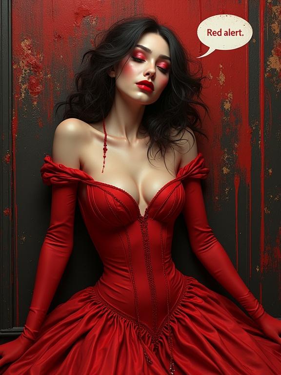 Woman in a luxurious environment wearing a red v-shaped gown. The gown is richly textured with an impasto style. The woman is posed dramatically with a speech bubble saying 'Red alert'.