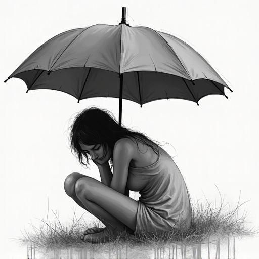 Scribbly emotional sketch depicting a tired person sitting under a broken umbrella. Style emphasizes feelings of weariness.