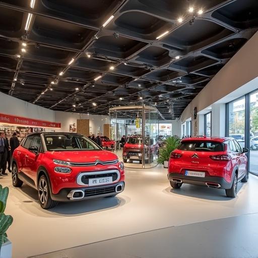 Boutique of Citroën in a shopping mall. Architectural style similar to the C42 showroom in Paris. Two Citroën cars on display.