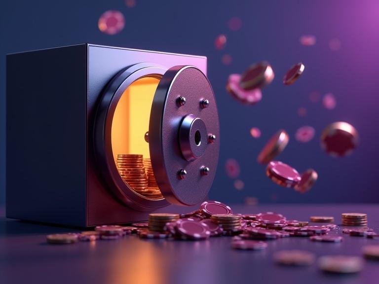 A massive 3D security vault with clean metallic finish. The vault door is cracked open, releasing golden light. Coins shimmer inside the vault. Floating poker chips are mid-spin, catching highlights. Background is a gradient from midnight blue to royal purple with motion blur. Strong lighting from the left creates a cinematic effect.