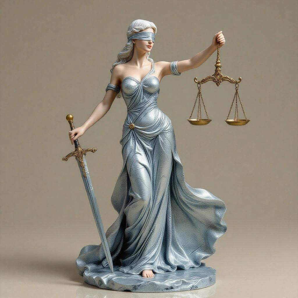 Resin figure of a woman inspired by the Libra sign. Elegant pose holding scales and sword. Long silver dress with flowing train. Blindfolded and serene expression. Hair styled in movement. Light tiara with geometric details.