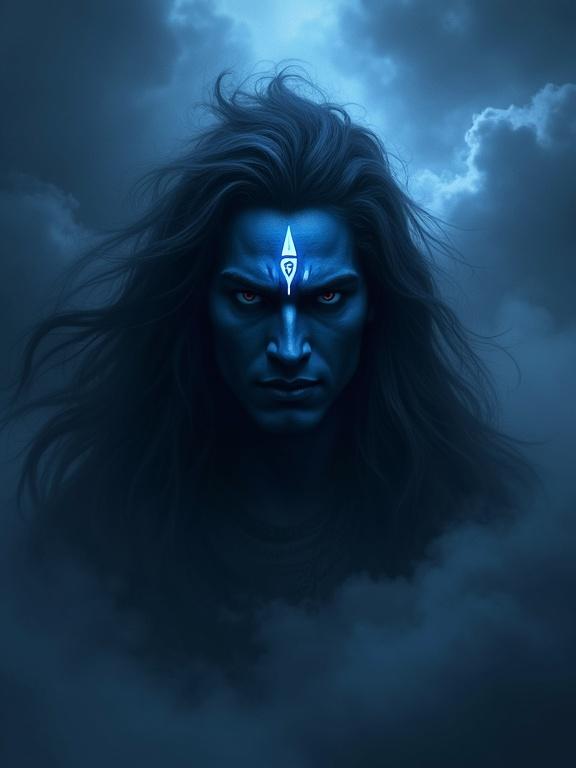 Mystical atmosphere surrounding a lord shiva figure with long flowing hair. Dark clouds envelop the composition under a moody night sky. Celestial light softly illuminates the figure, enhancing the mystical quality. A distinctive blue mark glows on the forehead, symbolizing spirituality. The deep blue and black color palette creates depth and mystery. Ambient lighting captures dramatic features and subtle expressions. Swirling mist surrounds the figure, conveying serenity and power. The artwork embodies a digital painting style within the fantasy genre.