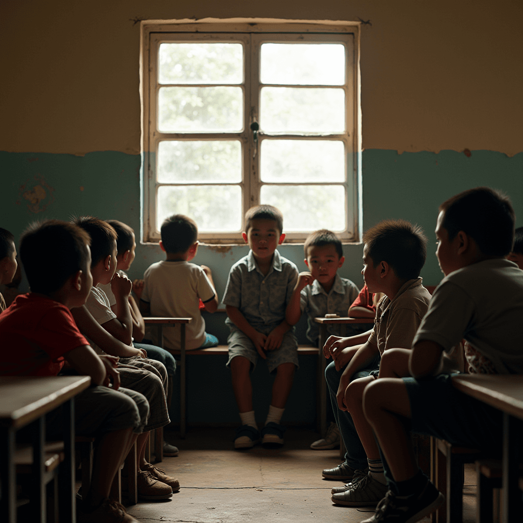 A group of young boys sit solemnly in a dimly lit room, with sunlight streaming through an old window.