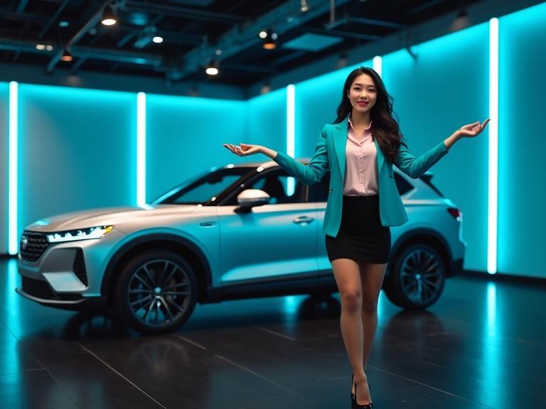 Inside a car showroom with vivid blue walls and glowing LED lights. A glamorous young Chinese car saleswoman in a turquoise blazer gestures toward a silver estate car. The setting has a glossy black tiled floor. She wears a blush-pink blouse and a black skirt, showing off her elegant appearance. Long hair cascades over her shoulders. The lighting is perfect, highlighting her and the car in a luxurious atmosphere.