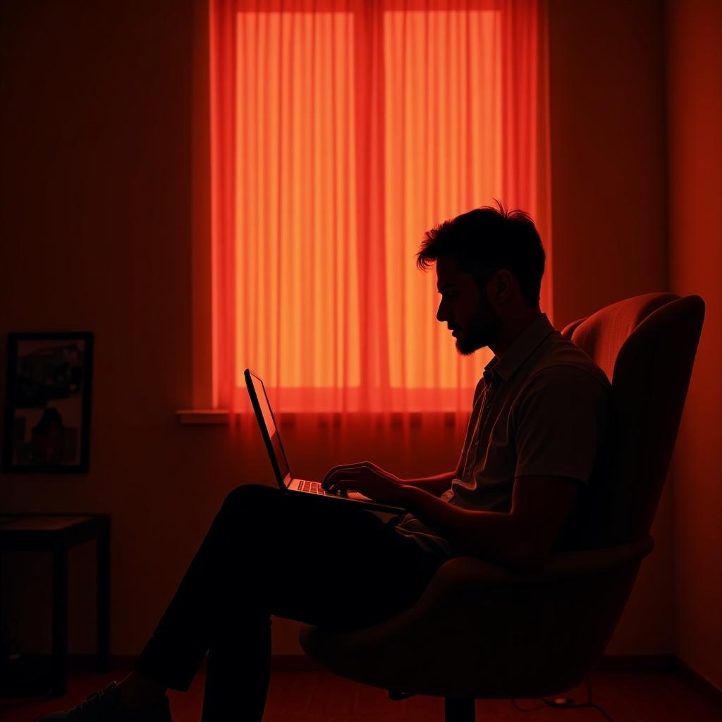 A person is sitting comfortably in an armchair, focused on a laptop. The room is dimly lit, with bright red-orange light filtering through the window, creating a warm atmosphere. The silhouette of the person is clearly visible against the glowing backdrop. This setting evokes a sense of productivity and calm. It's an intimate moment of working from home, capturing the essence of modern remote work life.