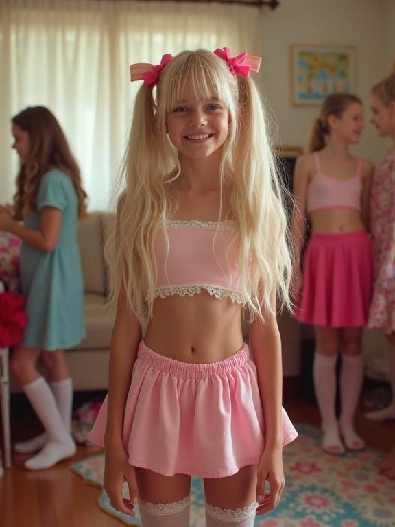 Girl with long blonde hair in twin tails wearing a pink crop top and skirt. Surrounded by friends at a birthday party in a living room. Colorful and cheerful vibes. Thigh-high socks with lace. Girls chatting and laughing in the background.