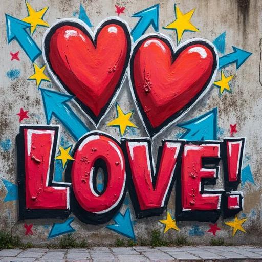 Colorful graffiti art on a gray wall. Includes two large red hearts with surrounding yellow stars and blue arrows. Features bold lettering that spells 'LOVE!'. Background is textured with mottled gray. Represents freedom and rebellious spirit in street culture.