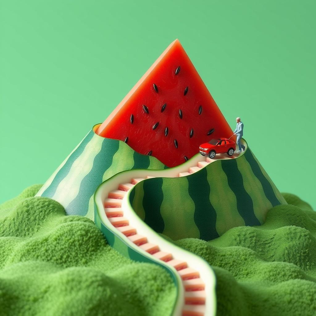 A surreal scene of a man with a car atop a watermelon slice mountain on a green landscape.