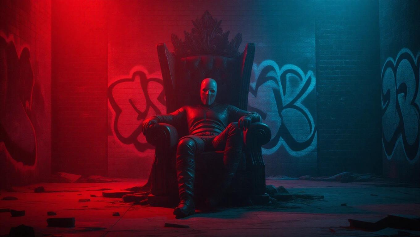 Crumbling throne in a graffiti-covered warehouse. Masked figure lounging sideways. Ambient red and blue lighting. Gritty texture. Powerful silence.