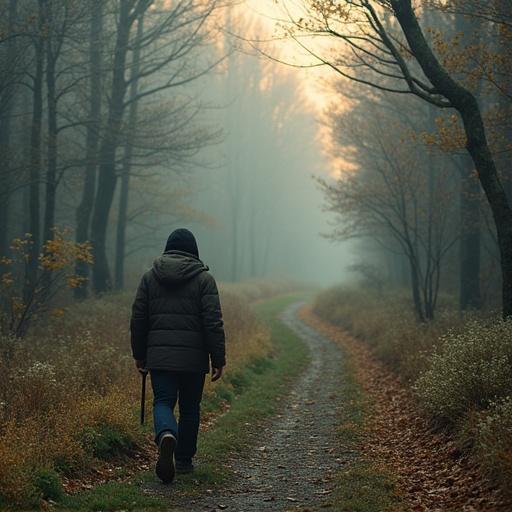 Person walking along a misty path surrounded by trees in autumn. The atmosphere is serene and calm. Fog creates a mystical feeling.