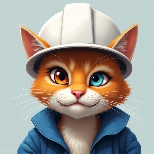 A semi-realistic cat with a mischievous smirk. One eye slightly narrowed with ears tilted. Cat wearing a white hard hat and blue work jacket. Positive expression emphasized.