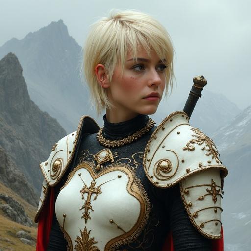 A female warrior with short platinum blonde hair. She wears ornate black and ivory armor with golden accents. The chest plate features intricate patterns and black rivets. The shoulder pads are white with stylized skull sculptures. There are black leather elements and skull belts. A red cape lining is visible. The background is a foggy mountainous landscape. The style is a very detailed fantastical digital painting.