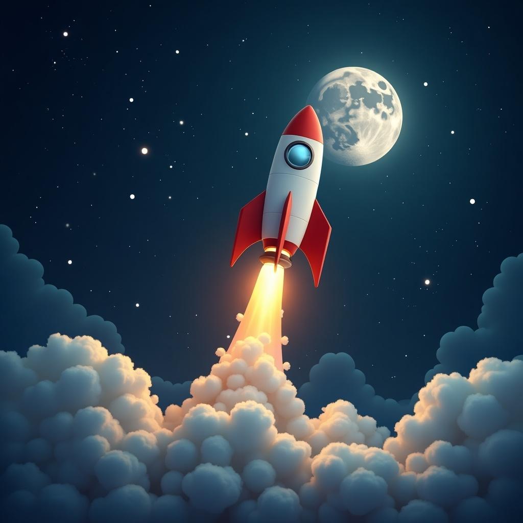 Rocket flying towards the Moon in a night sky filled with clouds and stars.