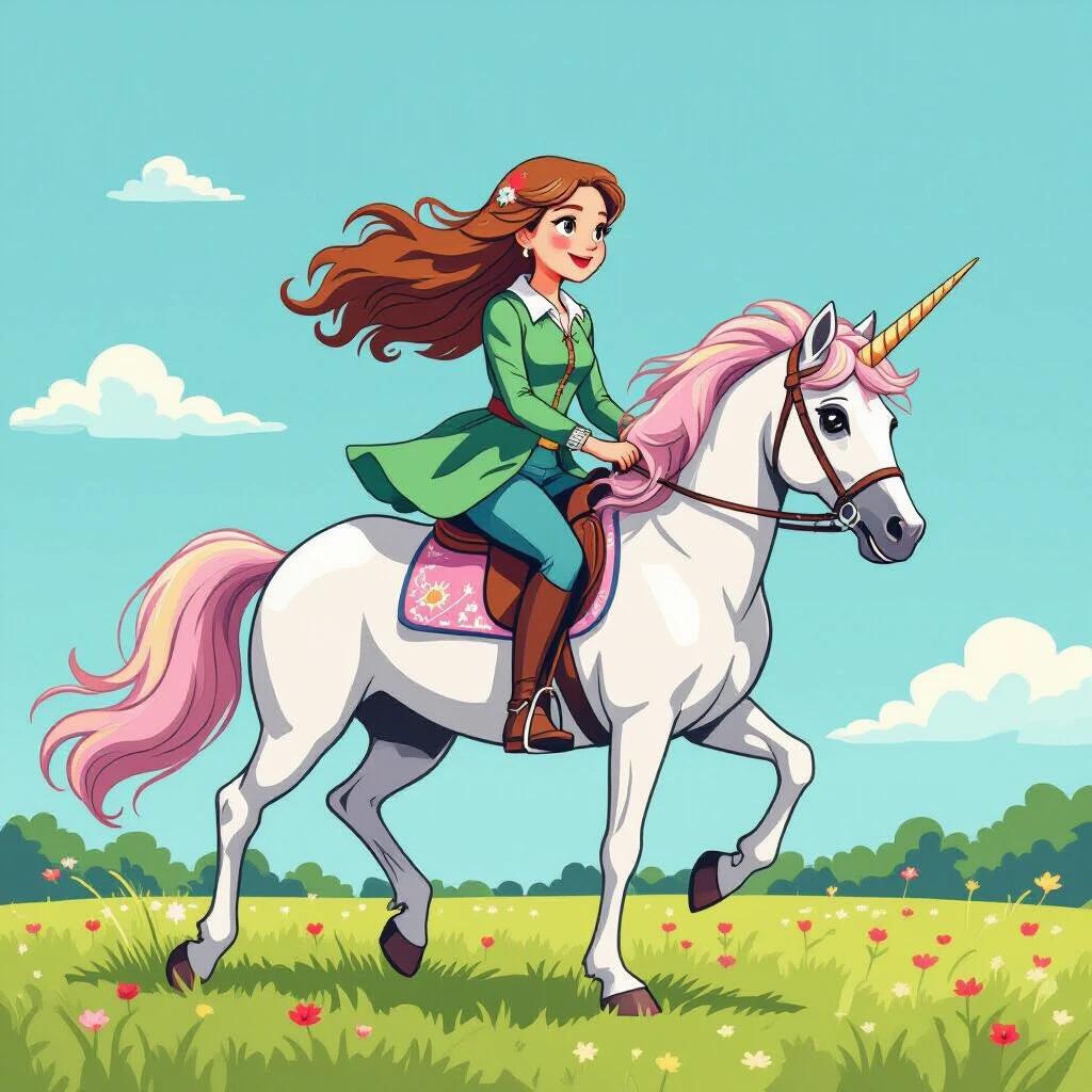 Illustration of a girl with long hair riding a unicorn in a lush green field. A vibrant blue sky with fluffy clouds. The girl wears stylish attire typical of early 30's Berlin. The unicorn has a pink mane and a golden horn. Flowers with bright colors scatter throughout the scene.