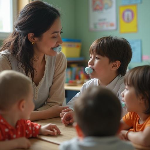 A teacher interacts playfully with children. Children have oversized pacifiers in their mouths. Children are in a classroom setting. The atmosphere is light and friendly.