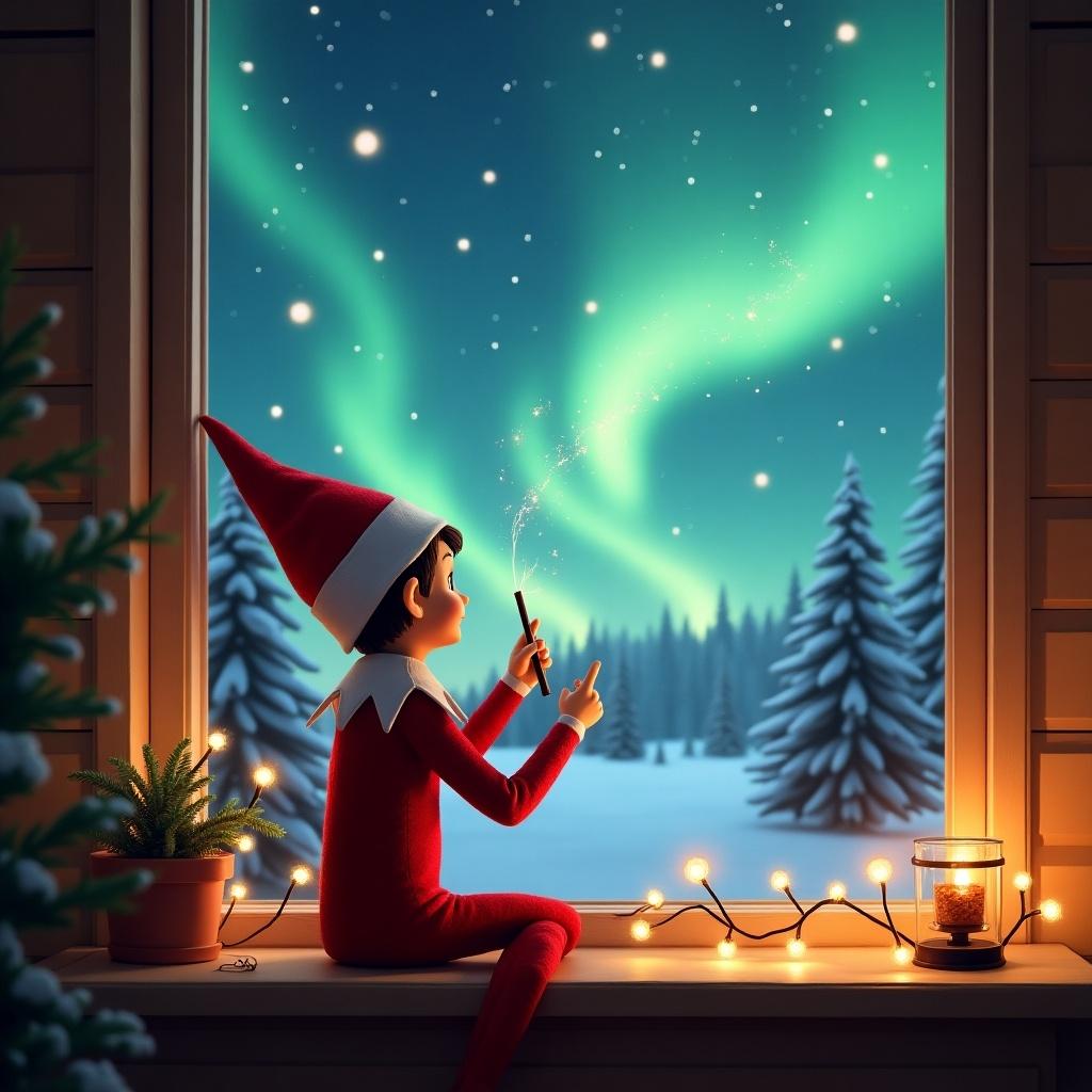 Elf character wearing red and white sitting by a cozy window. Magical scene with northern lights visible outside. Writing in the sky with a wand. Snowy landscape with trees in the background.