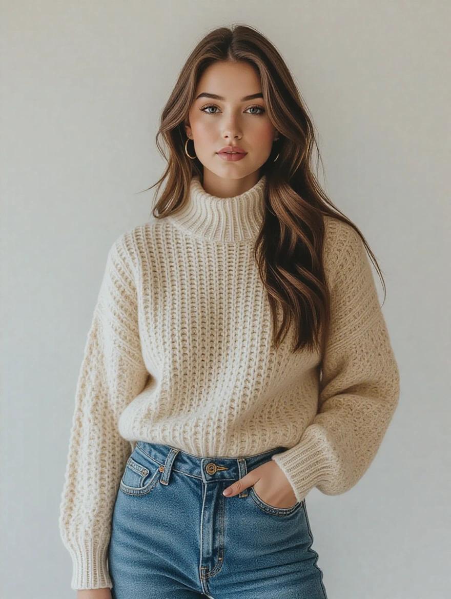 Portrait of a young woman wearing a cream knit sweater and blue jeans. Natural elegance and beauty are highlighted. Soft background enhances focus on the subject.