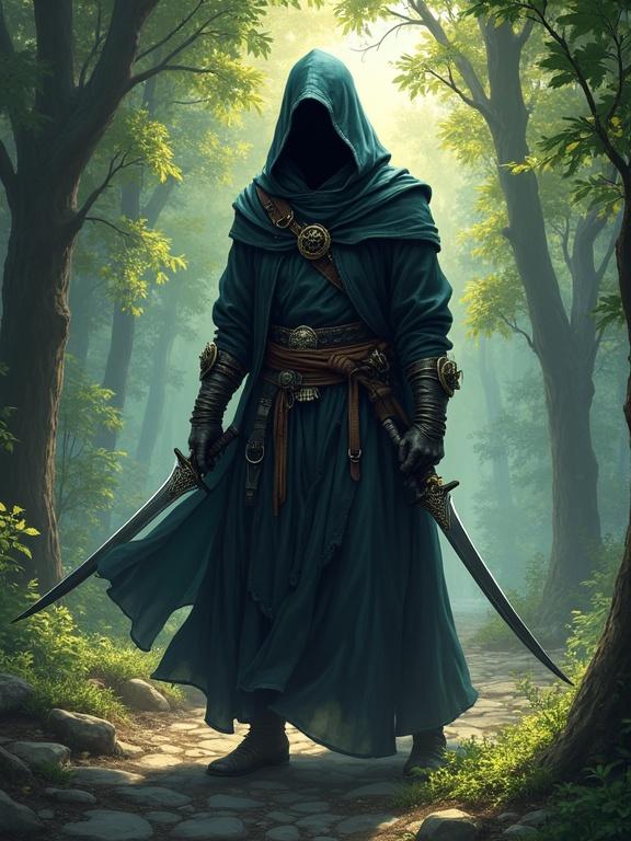 Illustration of a powerful medieval assassin in a lush forest. The character is dressed in a cloak with intricate detailing. Two curved swords are held in hands. The background features a sunny forest atmosphere with shadows from the leaves. The foreground is less dense with greenery.
