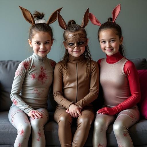 Candid photo featuring three young girls in playful cosplay. Each girl represents a different character type: zombie, leather, and iron. The girls wear colorful and creative suits. Posing energetically in front of a grey sofa. Their expressions are lively and fun.