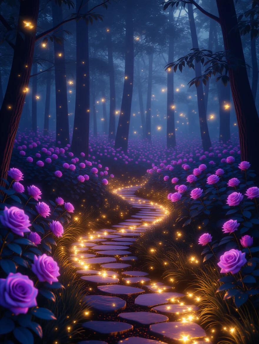 Ultra HD rendered image of a dark luminous rose forest at night. Features glowing violet roses along a winding golden path. Magical fireflies drift through a soft fog creating a surreal fantasy environment.