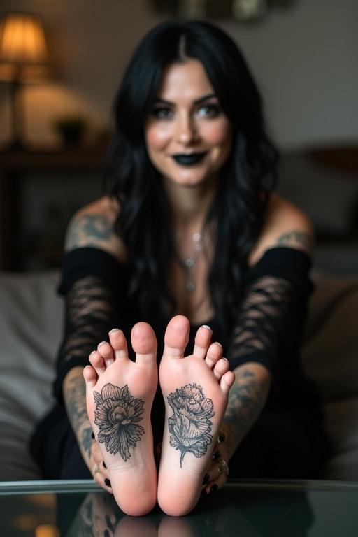 Mature goth woman with long black hair shows tattooed soles of bare feet. She sits on the couch with her feet on the glass table. She smiles while displaying her tattoos.