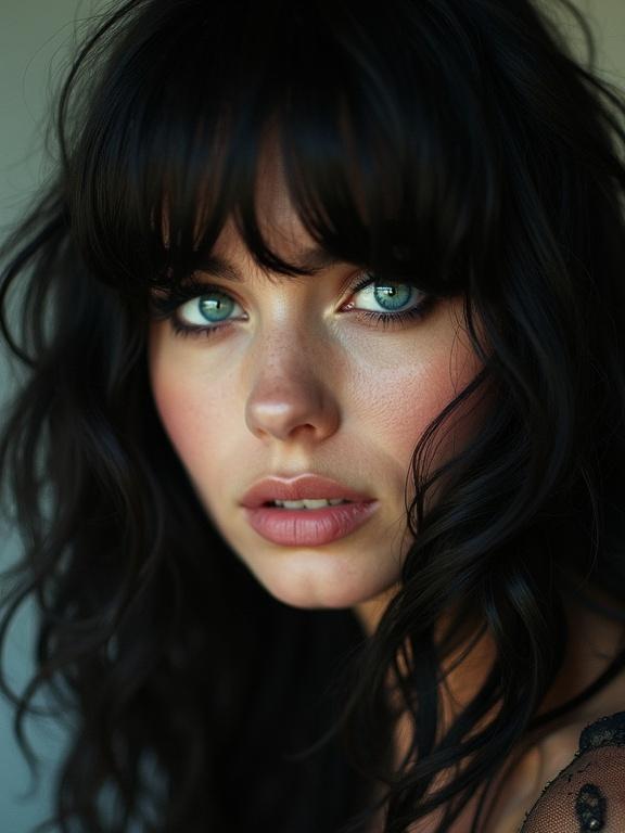 A macro bokeh photo with heavy film grain of a beautiful 30-year-old French rocker chick. Layered black hair draped over one eye in full-bodied waves. Extremely close to the camera lens showcasing colorful turquoise eyes. Features huge plump lips with a shy smile. The portrait has a heavy noir atmosphere with harsh lighting and dramatic eye makeup.
