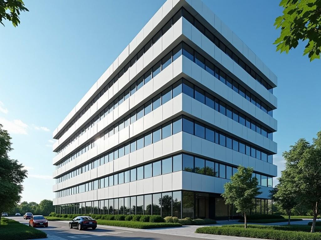 This image showcases a modern, multi-story office building featuring a sleek design. The structure is predominantly made of glass with white panels, promoting a sense of professionalism. It is surrounded by well-maintained greenery that adds a touch of nature to the urban environment. The scene is illuminated by bright daylight under a clear blue sky, enhancing the building's aesthetics. A low angle perspective emphasizes the height and sophistication of the building, making it ideal for contemporary business needs.