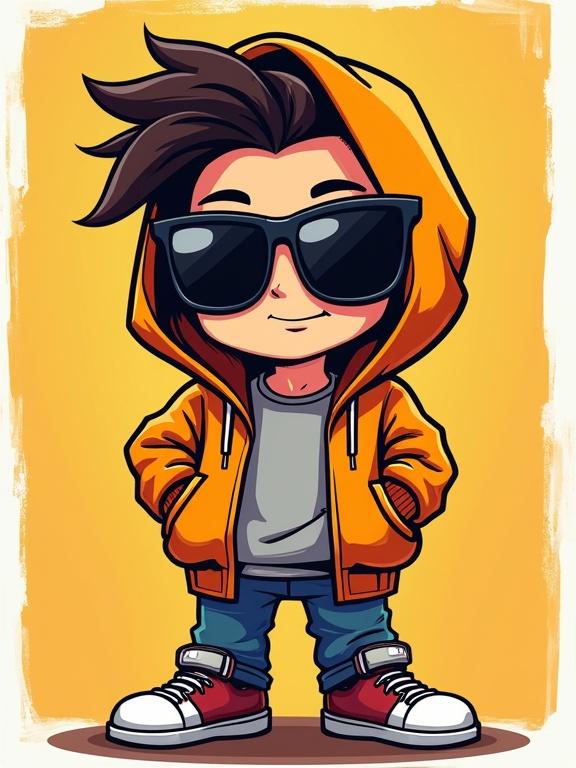 Urban cartoon mascot wearing a hoodie and sunglasses exuding confidence against a bright background with a street art vibe. Features bold outlines and clean shadows. Centered in a square format, perfect for a creator profile photo.