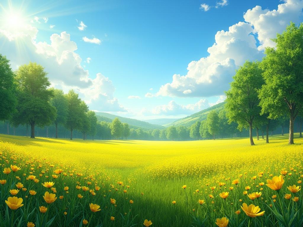 A serene nature spring landscape features a vast field filled with wild yellow buttercups vibrant against lush green grass. Surrounding the field are tall, green trees that offer shade and a natural backdrop. Above, the sky is a bright blue, dotted with fluffy white clouds that float gently, enhancing the peaceful atmosphere. The sunlight bathes the scene in a warm glow, highlighting the beauty of spring. This idyllic setting invites the viewer to appreciate the tranquility and splendor of the natural world.