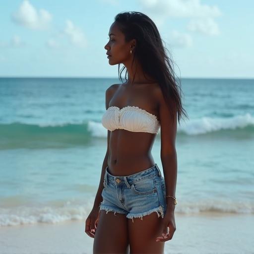 A beautiful Indian girl poses by the ocean wearing a small bandeau top and denim shorts. She has a natural body and a beautiful belly, with dark skin and a confident stance. The scene is captured in an amateur style, highlighting the beach environment.