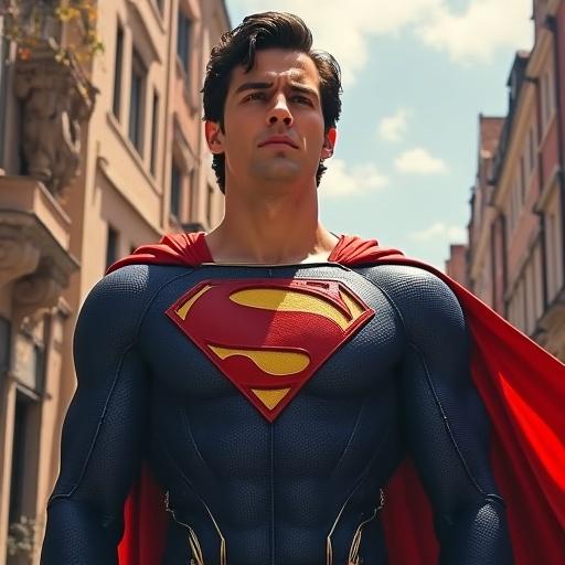 Superhero standing tall in a city setting with a bright pose. Wearing a blue suit with red cape and emblem. Emphasizing strength and heroism.