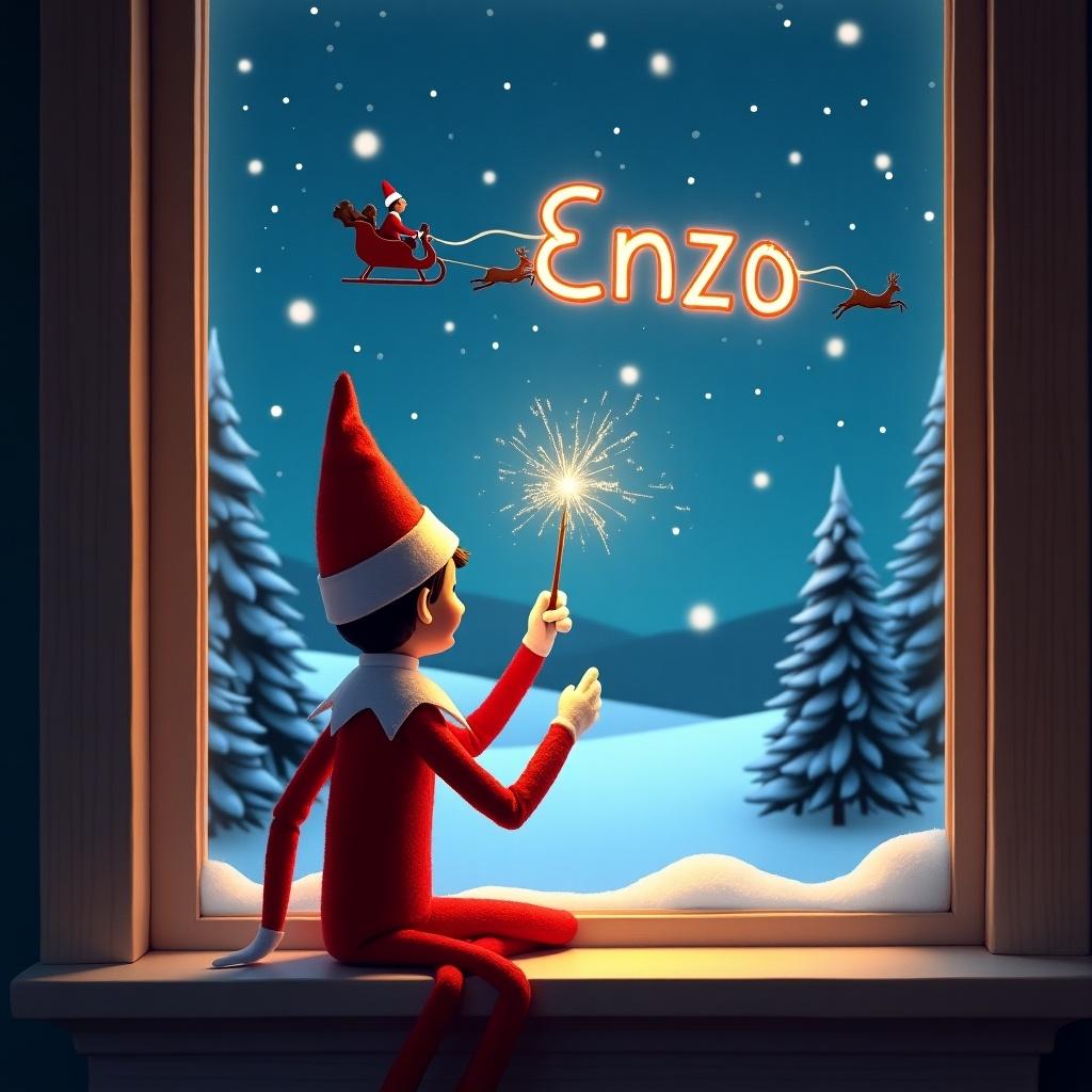 The image features an enchanting Christmas scene depicted through an Elf on the Shelf sitting by a window. The elf, dressed in a classic red outfit, faces away from the viewer, joyfully creating sparkling effects in the night sky with a festive wand. Above, the name 'Enzo' is beautifully written in the atmosphere, combining the wonder of the season with personalization. In the background, Santa's silhouette glides gracefully in a sleigh, pulled by reindeer across a serene, snowy landscape. The scene is brought to life with a cozy warm glow from the window, highlighting pine trees outside and a star-studded sky, perfect for celebrating the holidays.