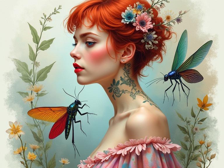 Surreal artwork of a woman in profile. Vivid blue eyes, bold red lips, short red hair. Fair skin with pastel makeup, red blush. Flowing garment in soft colors. Large colorful insects near her. Stylized praying mantis or dragonfly on the left, iridescent insect on the right. Surrounded by abstract floral patterns, organic textures. Soft lighting, light-colored background. Painterly, surreal style. Emotional tone of transformation and harmony.