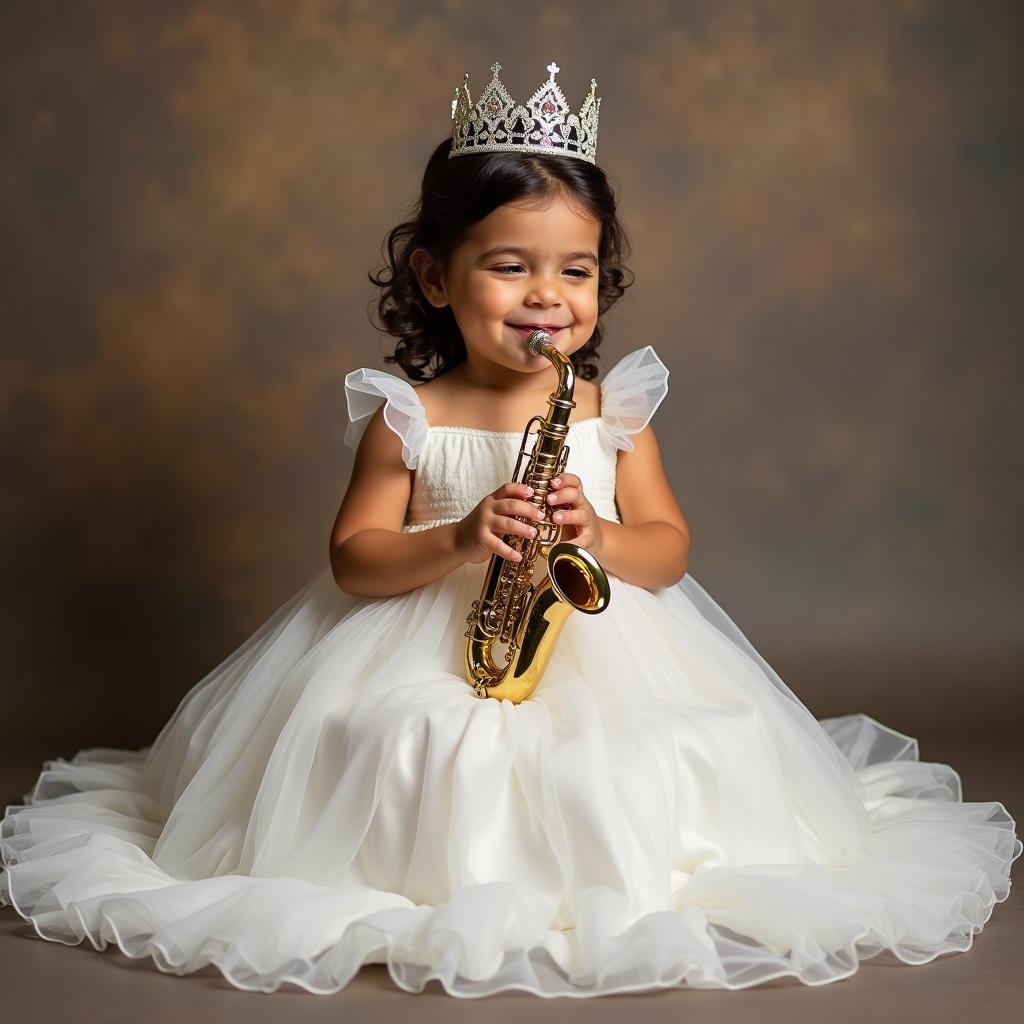 A young girl poses in a princess gown with a saxophone. She is smiling and radiating joy. The gown is elegant and white, and her hair is styled beautifully. The background is softly blurred to emphasize the girl. The image conveys a playful and cheerful mood.