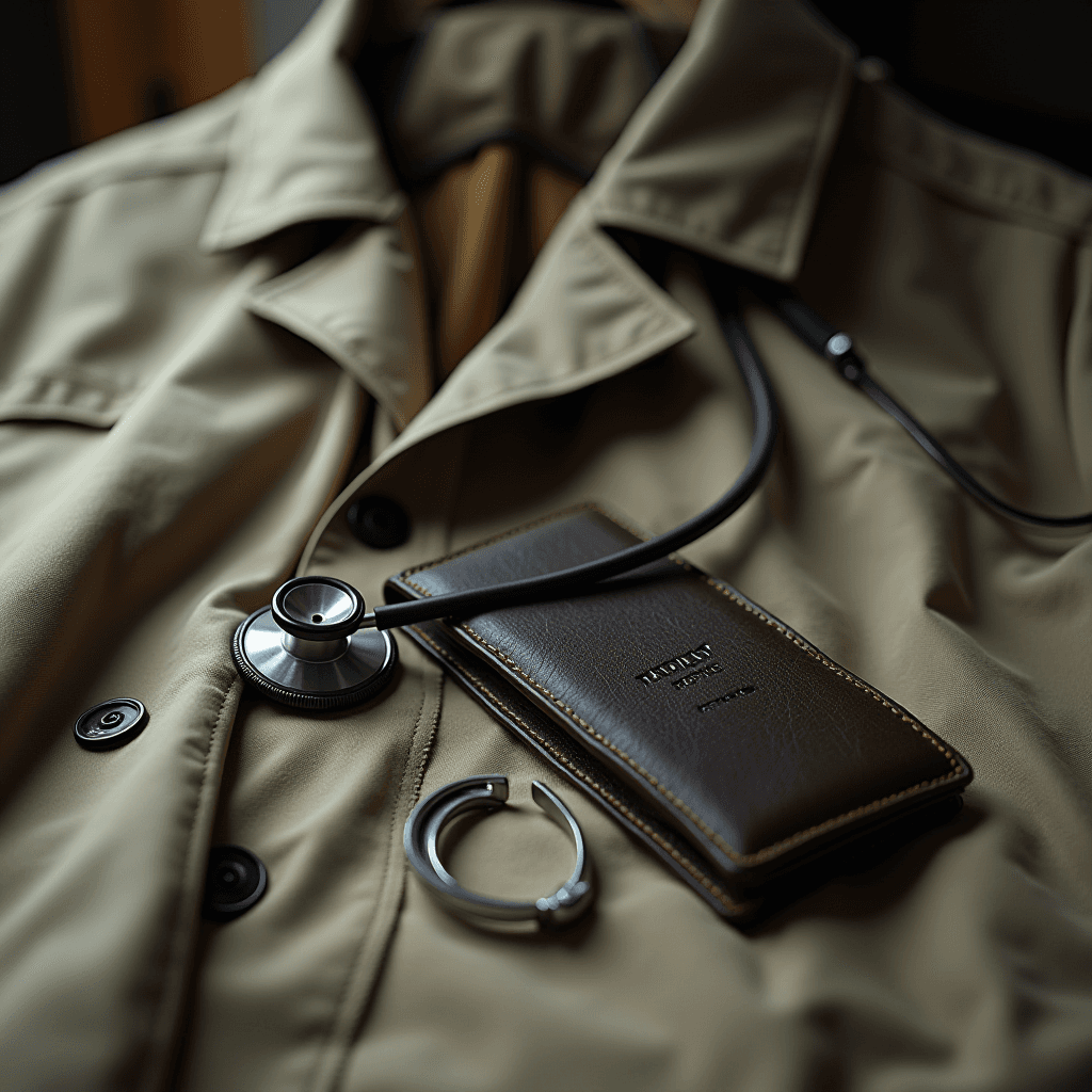 A stethoscope and a leather wallet rest on a beige trench coat.