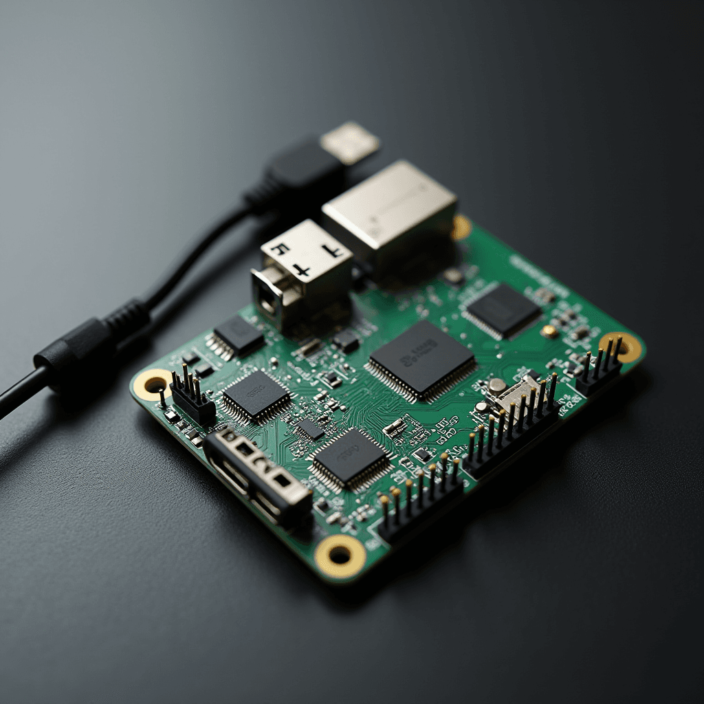 A close-up of a small circuit board with various electronic components and ports, connected to a cable.