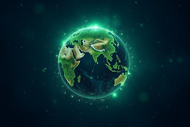 A dark blue starry background showcases a glowing globe of Earth. The globe emits green glowing connection lines symbolizing a decentralized network. Subtle green particles enhance the theme of growth and renewal. The artwork symbolizes decentralized solutions.