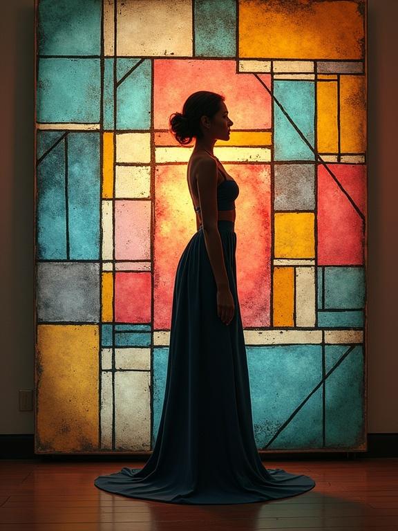 A tanned skinny woman poses gracefully to the camera. Her body is intricately painted to merge with a geometric wall design. The wall features black lines forming colorful rectangles and squares. Her stance highlights the craftsmanship of the body painting against the geometric background. The scene is set indoors with atmospheric lighting enhancing the colors.