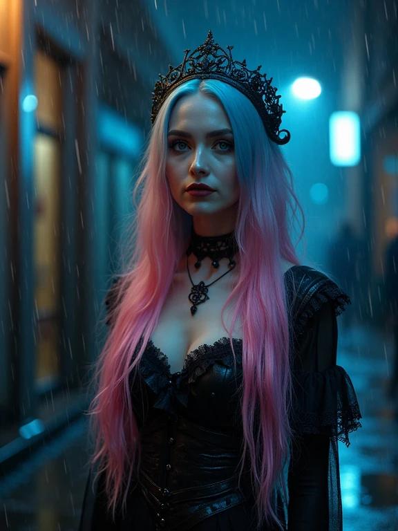 Raw photo features captivating gothic-themed woman with long pink and blue ombre hair and blue eyes. Scene set in urban alley during a rainy night. Gothic atmosphere enhances overall setting. Woman wears dramatic gothic outfit that adds intrigue. Dark and moody image.