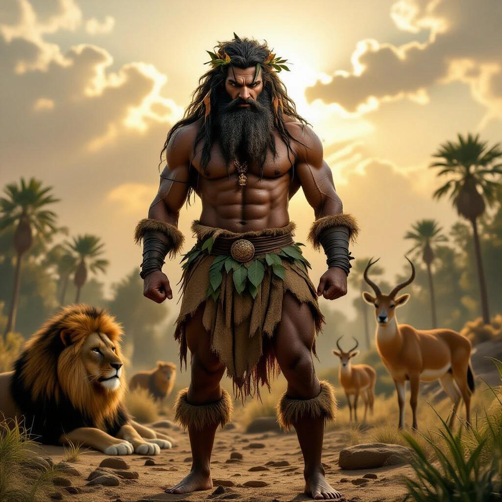 Hyper-realistic full-body portrait of Enkidu from the Epic of Gilgamesh. Wild and primal. Muscular figure covered in thick hair. Wears animal hide loincloth. Fierce eyes and tangled hair with leaves. Standing in Mesopotamian wilderness with lions and gazelles. Sunlit forest with dramatic sky. Highly detailed realistic textures.